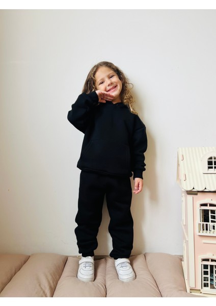 Erkek / Kız Çocuk Eşofman Takımı Kanguru Cepli Kapüşonlu 3 Iplik Şardonlu Siyah modelleri