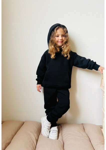 Erkek / Kız Çocuk Eşofman Takımı Kanguru Cepli Kapüşonlu 3 Iplik Şardonlu Siyah fırsatları