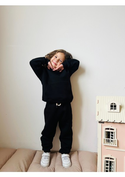 Erkek / Kız Çocuk Eşofman Takımı Kanguru Cepli Kapüşonlu 3 Iplik Şardonlu Siyah indirimleri