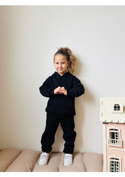 Erkek / Kız Çocuk Eşofman Takımı Kanguru Cepli Kapüşonlu 3 Iplik Şardonlu Siyah