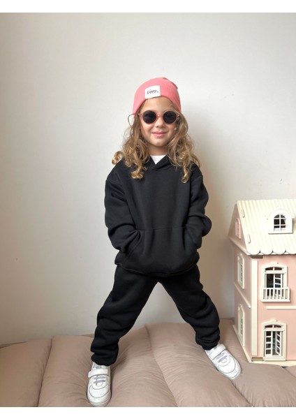 Erkek / Kız Çocuk Eşofman Takımı Kanguru Cepli Kapüşonlu 3 Iplik Şardonlu Siyah