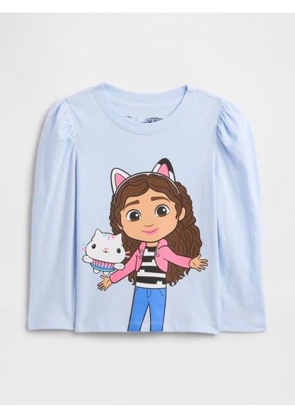 Kız Bebek Açık Mavi Gabby's Dollhouse Puff Sleeve Grafik Baskılı T-Shirt