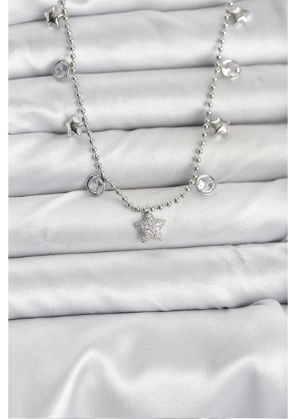 Pirinç Gümüş Renk Yıldız Model Kadın Kolye