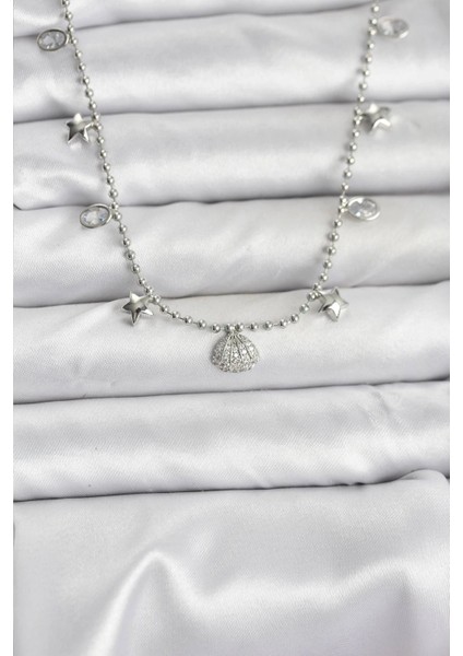 Pirinç Gümüş Renk Zirkon Taşlı Deniz Kabuğu Model Kadın Kolye