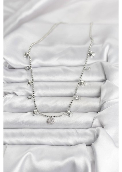 Pirinç Gümüş Renk Zirkon Taşlı Deniz Kabuğu Model Kadın Kolye fiyatları