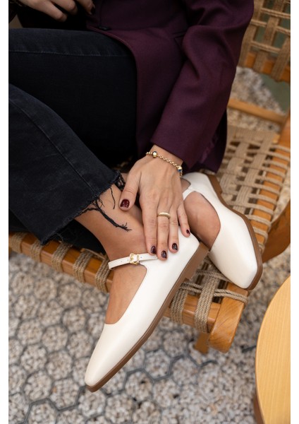 Flue Ekru Kadın Deri Tokalı Düz Babet