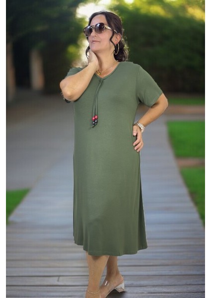 Full Esnek Likralı Pamuklu Kumaş Boncuk Detaylı Kısa Kol V Yaka Pamuklu Viskon Büyük Beden Elbise fiyatları