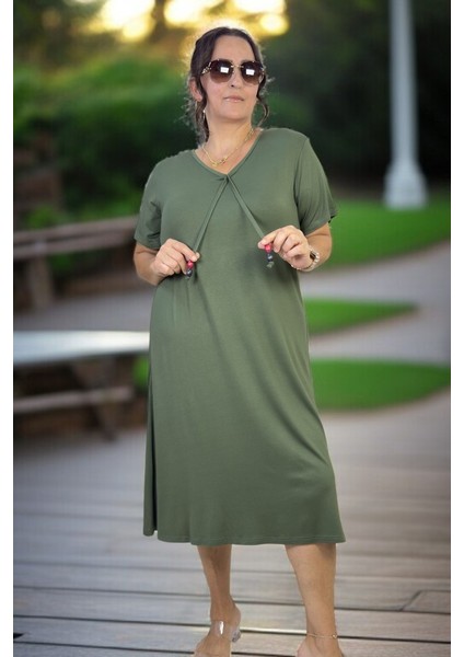 Full Esnek Likralı Pamuklu Kumaş Boncuk Detaylı Kısa Kol V Yaka Pamuklu Viskon Büyük Beden Elbise modelleri