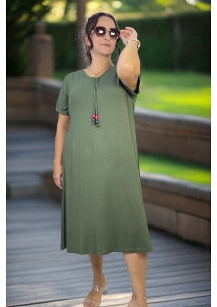 Full Esnek Likralı Pamuklu Kumaş Boncuk Detaylı Kısa Kol V Yaka Pamuklu Viskon Büyük Beden Elbise fırsatları