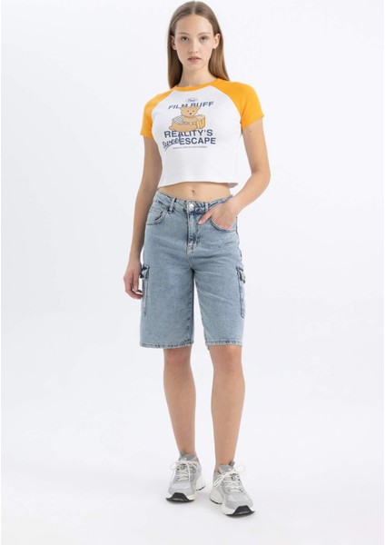 Fitted Bisiklet Yaka Baskılı Fitilli Kaşkorse Kısa Kollu Tişört C5720AX24SM