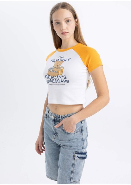 Fitted Bisiklet Yaka Baskılı Fitilli Kaşkorse Kısa Kollu Tişört C5720AX24SM