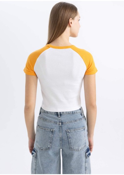 Fitted Bisiklet Yaka Baskılı Fitilli Kaşkorse Kısa Kollu Tişört C5720AX24SM