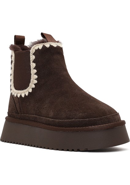 Kadın Kahverengi Kalın Tabanlı Desenli Süet Deri Teddy Bot 25WFD492610