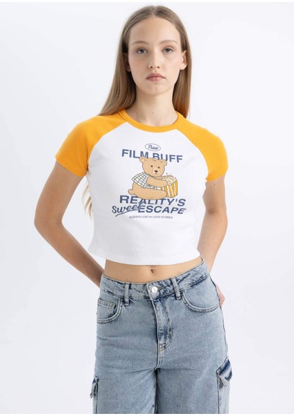 Fitted Bisiklet Yaka Baskılı Fitilli Kaşkorse Kısa Kollu Tişört C5720AX24SM