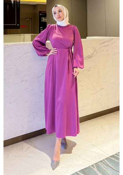 Balon Kol Belden Bağlama Detaylı Saten Abiye- Fuşya