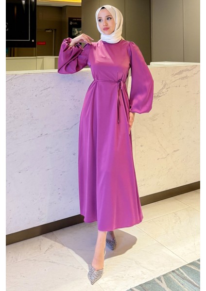 Balon Kol Belden Bağlama Detaylı Saten Abiye- Fuşya fiyatları