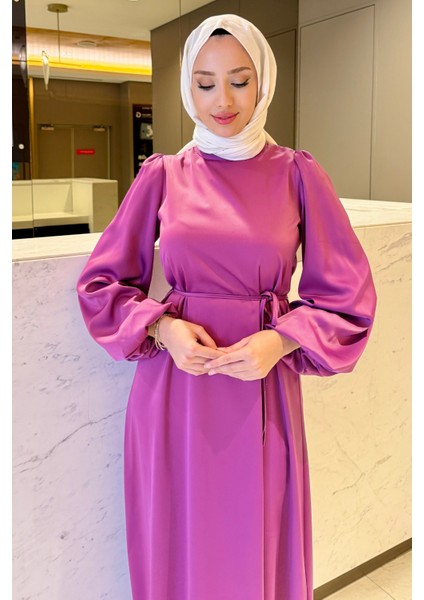 Balon Kol Belden Bağlama Detaylı Saten Abiye- Fuşya modelleri