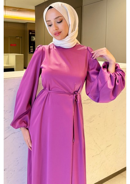 Balon Kol Belden Bağlama Detaylı Saten Abiye- Fuşya fırsatları
