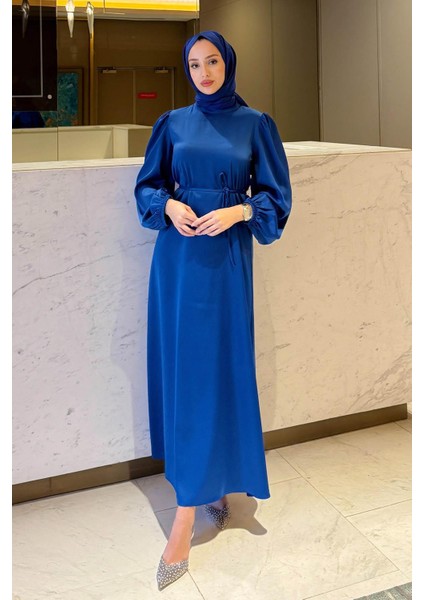 Balon Kol Belden Bağlama Detaylı Saten Abiye- Saks Mavi