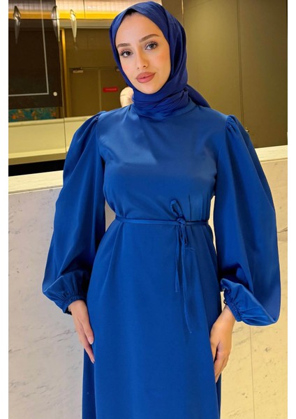 Balon Kol Belden Bağlama Detaylı Saten Abiye- Saks Mavi fiyatları