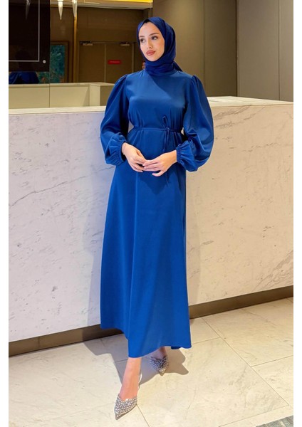 Balon Kol Belden Bağlama Detaylı Saten Abiye- Saks Mavi modelleri