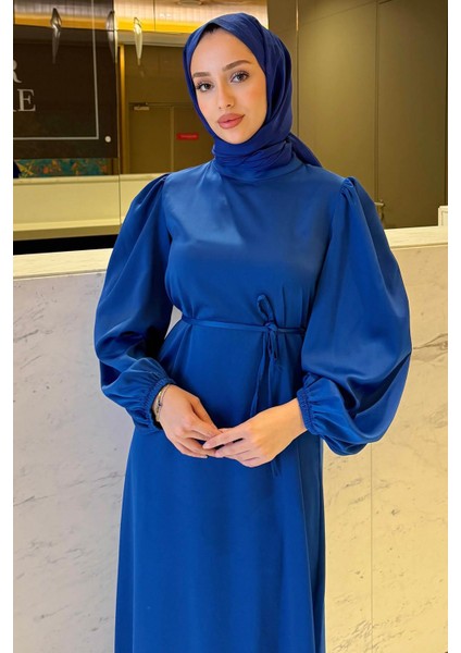 Balon Kol Belden Bağlama Detaylı Saten Abiye- Saks Mavi fırsatları