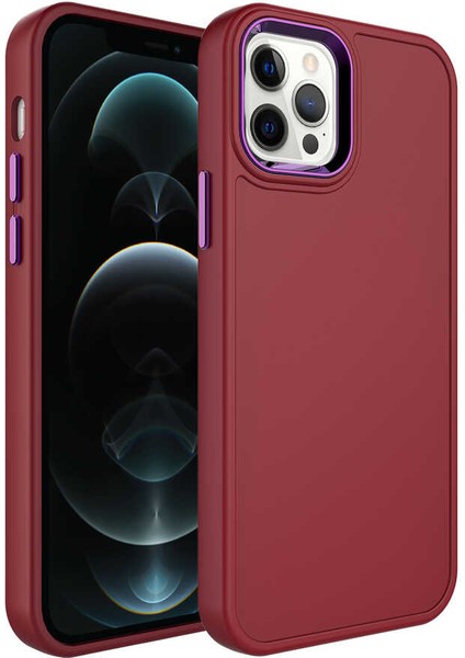 iPhone 12 Pro Max Uyumlu Metal Çerçeve ve Buton Tasarımlı Sert Senk Botox Kapak-Koyu Mor