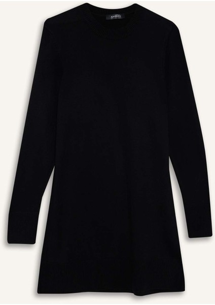 Regular Fit Bisiklet Yaka Yırtmaçlı Basic Düz Triko Kazak Tunik