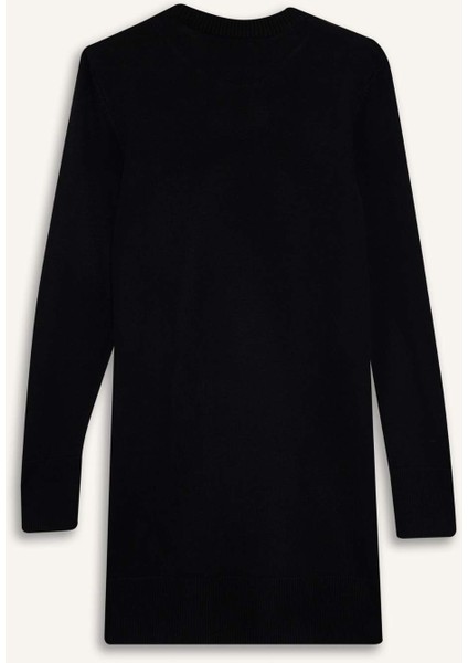 Regular Fit Bisiklet Yaka Yırtmaçlı Basic Düz Triko Kazak Tunik