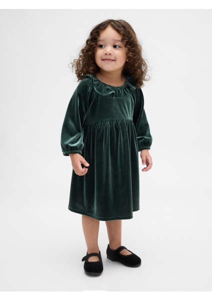 Kız Bebek Yeşil Kadife Volan Yaka Elbise