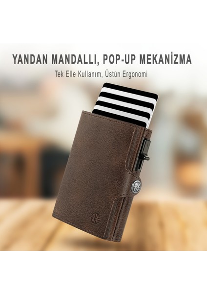 Palermo Kahverengi Mekanizmalı Kartlık Hakiki Deri Cüzdan Unisex Kadın Erkek Rfid Korumalı