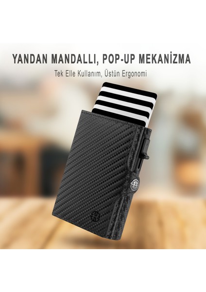 Palermo Carbon Siyah Mekanizmalı Kartlık Hakiki Deri Cüzdan Unisex Kadın Erkek Rfid Korumalı