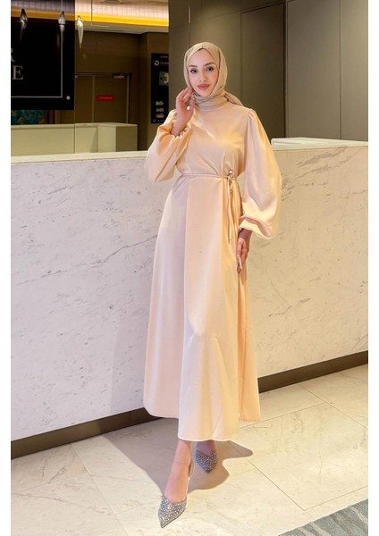 Balon Kol Belden Bağlama Detaylı Saten Abiye- Krem fiyatları