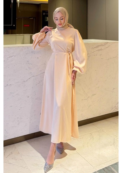 Balon Kol Belden Bağlama Detaylı Saten Abiye- Krem modelleri