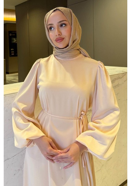 Balon Kol Belden Bağlama Detaylı Saten Abiye- Krem fırsatları