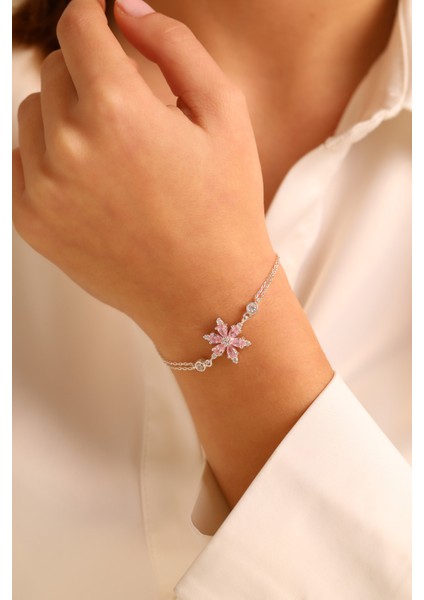 (Premium Işıklı Kutulu) 925 Ayar Gümüş Pembe Taşlı Lotus Çiçeği Kadın Bileklik modelleri