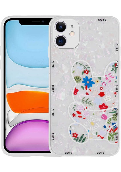 iPhone 11 Uyumlu Desenli Sert Silikon Senk Mumila Kapak-White Rabbit