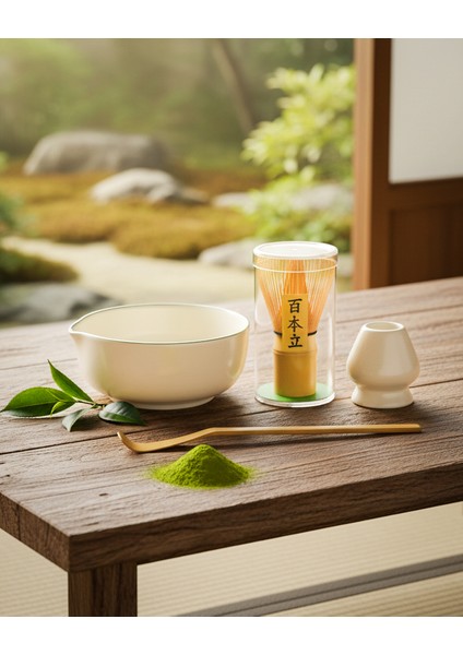 4'lü Mathca Seti - Bambu Matcha Çırpıcı Whisk, Seramik Whisk Tutucu, Mathca Karıştırma Kasesi ve Bambu Scoop Kaşık