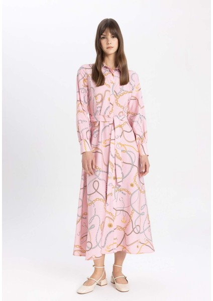 Gömlek Yaka Desenli Kuşaklı Uzun Kollu Maxi Elbise