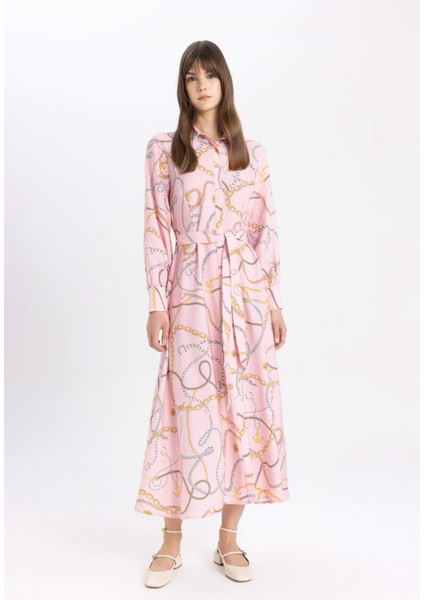 Gömlek Yaka Desenli Kuşaklı Uzun Kollu Maxi Elbise