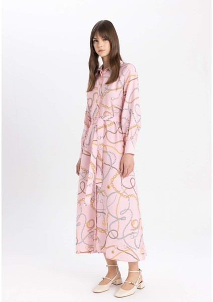 Gömlek Yaka Desenli Kuşaklı Uzun Kollu Maxi Elbise