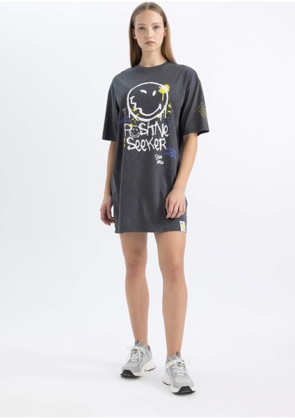 Coool SmileyWorld Bisiklet Yaka Penye Kısa Kollu Mini Tişört Elbise