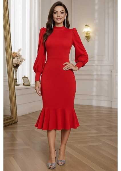 Kadın Uzun Kollu Yarı Balıkçı Yaka Etek Ucu Fırfır Detaylı Midi Ithal Krep Elbise