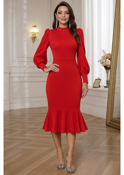 Kadın Uzun Kollu Yarı Balıkçı Yaka Etek Ucu Fırfır Detaylı Midi Ithal Krep Elbise modelleri