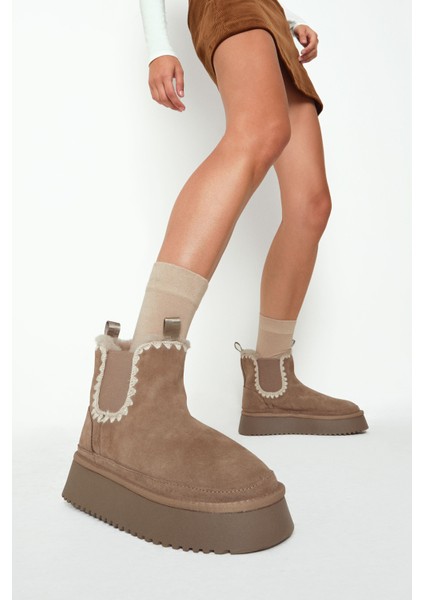 Kadın Vizon Kalın Tabanlı Desenli Süet Deri Teddy Bot 25WFD492610 fırsatları