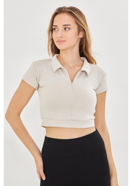 Kadın Esnek Modal Kumaş Polo Yaka Tişört Taş 8508-T modelleri