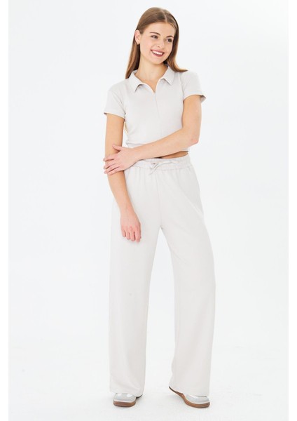 Kadın Esnek Modal Kumaş Polo Yaka Tişört Taş 8508-T