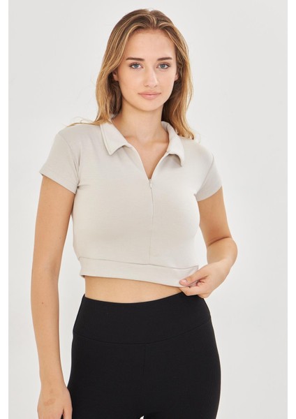 Kadın Esnek Modal Kumaş Polo Yaka Tişört Taş 8508-T