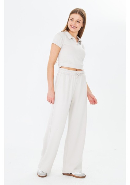 Kadın Esnek Modal Kumaş Polo Yaka Tişört Taş 8508-T