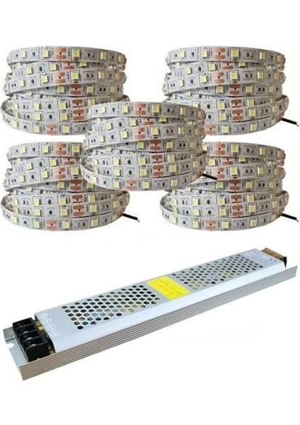 15 Metre 3 Cipli Beyaz Şerit LED ve 25 Amper Trafo (Metrede 60 Led)